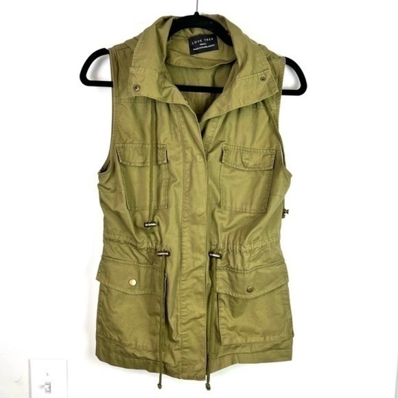 Love Tree Vest womens small olive green utility hooded tie string snap button - Picture 1 of 8